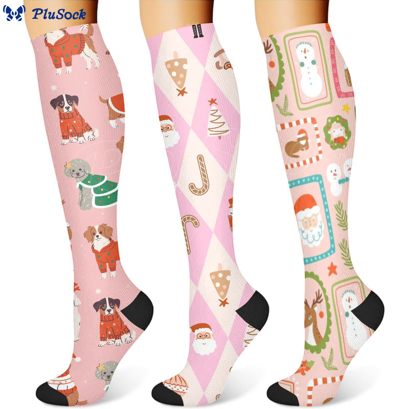 Weihnachts-Kompressionsstrümpfe mit rosa Hunden (3 Paar) - image 0
