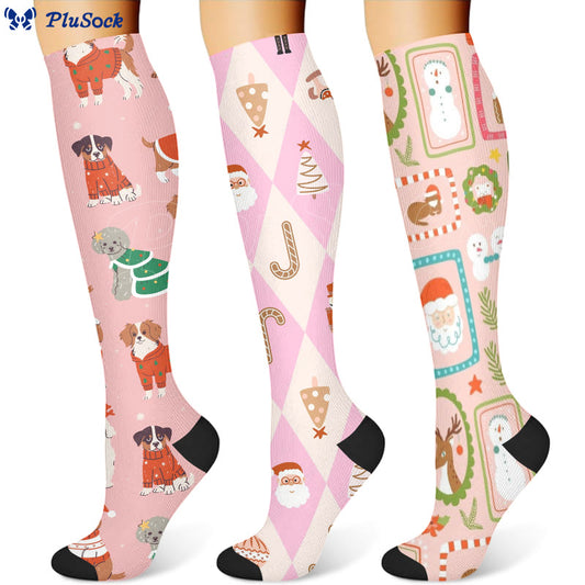 Weihnachts-Kompressionsstrümpfe mit rosa Hunden (3 Paar) - image 0