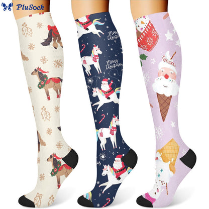 Weihnachts-Kompressionsstrümpfe mit Schneemann und Einhorn (3 Paar) - image 0