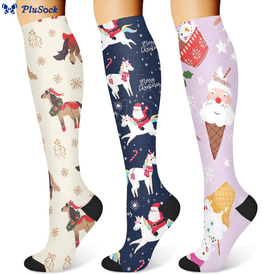 Weihnachts-Kompressionsstrümpfe mit Schneemann und Einhorn (3 Paar) - image 0