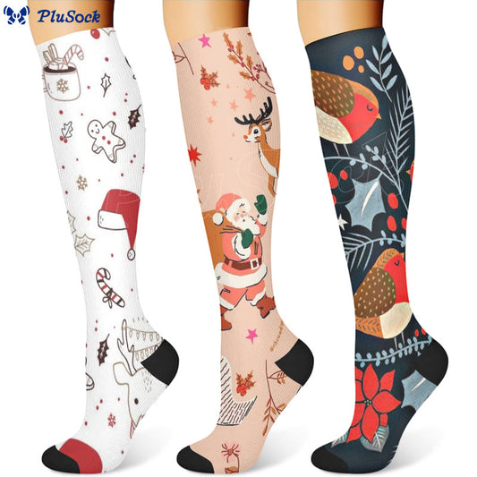 Weihnachts-Kompressionsstrümpfe mit Hirsch- und Vogelmotiv (3 Paar) - image 0