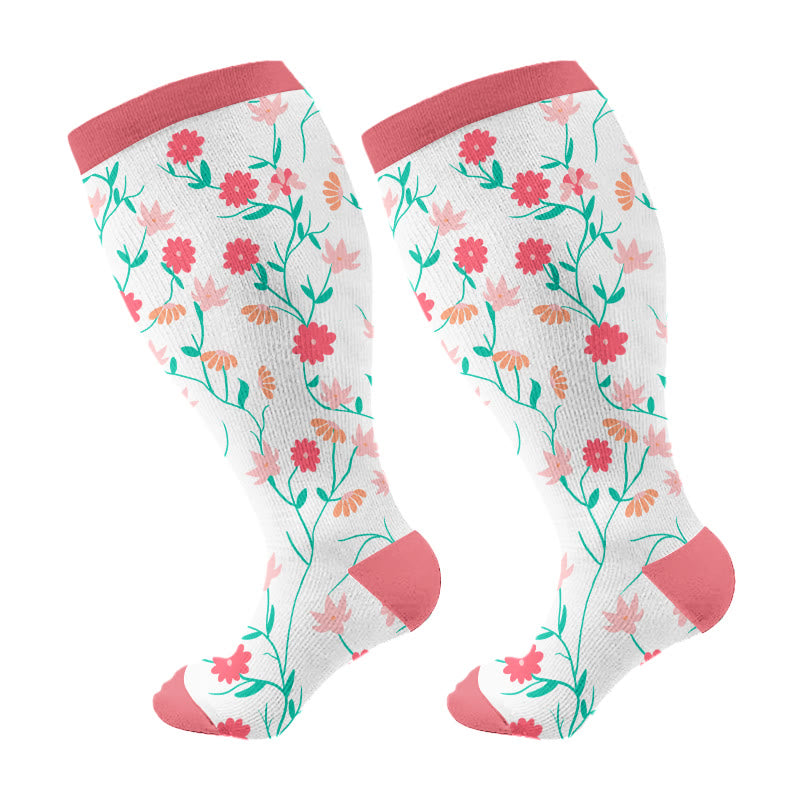 Plusock Kompressionsstrümpfe in Übergröße mit Frühlingsblumen - Rosa - 4XL - image 7