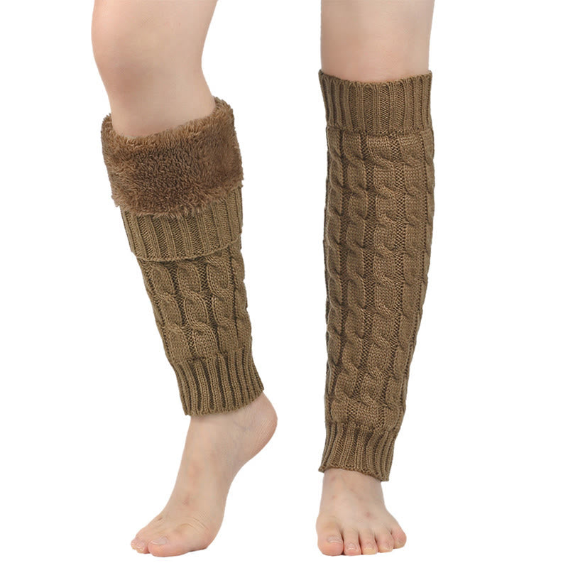 Gestrickte Woll-Zopfmuster-Beinwärmer, dick gefüttert - Khaki - Einheitsgröße - image 11