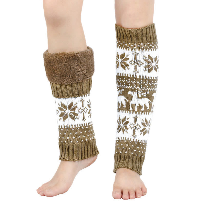 Gestrickte Beinstulpen mit Schneeflockenmuster und Hirschmotiv - Khaki - Einheitsgröße - image 9