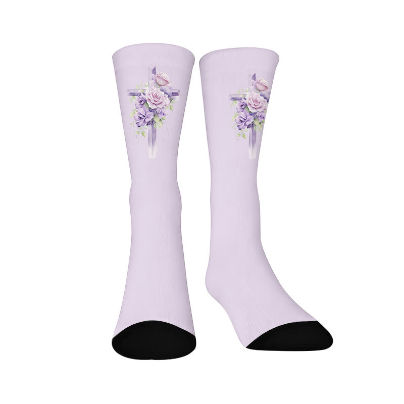Socken mit Blumenmuster und Kreuzmotiv - Lila (1 Paar) - EU37-44 (US4-10) - image 9