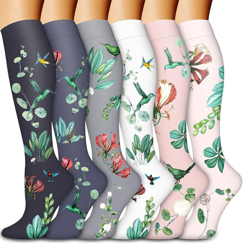Gartenkolibri-Kompressionsstrümpfe mit Blumenmuster (6 Paar) - Mehrfarbig - S/M - image 0