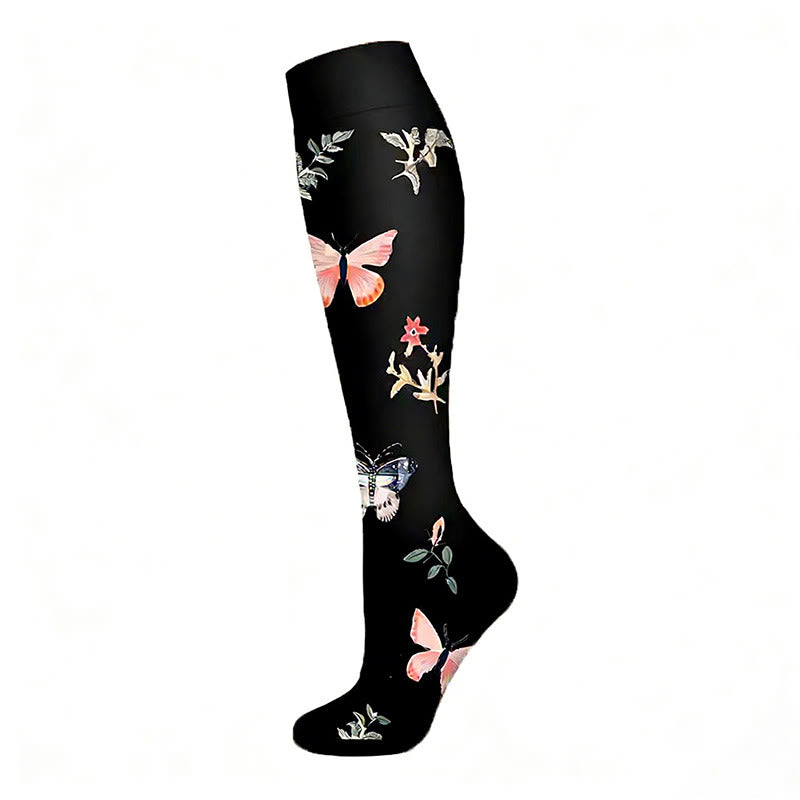 Kompressionsstrümpfe mit Blumenmuster und Schmetterlingsmotiv (6 Paar) - Schwarz - S/M - image 1