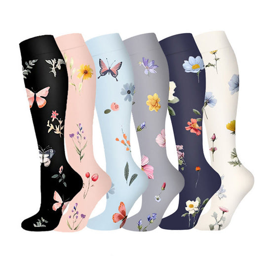 Kompressionsstrümpfe mit Blumenmuster und Schmetterlingsmotiv (6 Paar) - Mehrfarbig - S/M - image 0