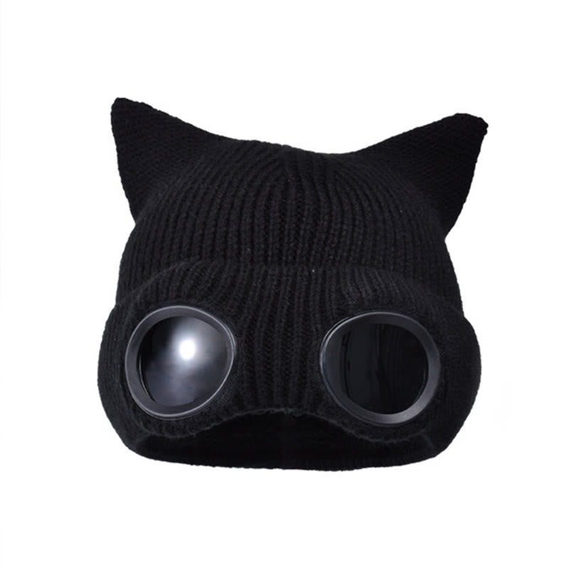 Gestrickte Katzenohrenmütze mit Schutzbrille - Schwarz - Einheitsgröße - image 15