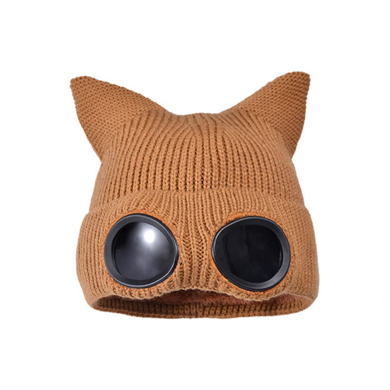 Gestrickte Katzenohrenmütze mit Schutzbrille - Kaffee - Einheitsgröße - image 18