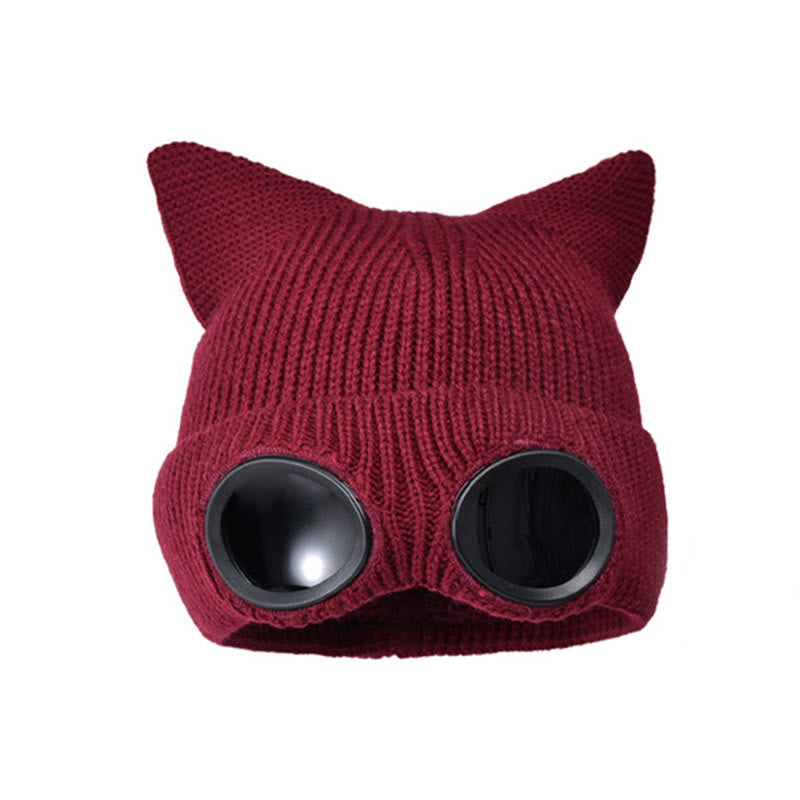 Gestrickte Katzenohrenmütze mit Schutzbrille - Wein - Einheitsgröße - image 13