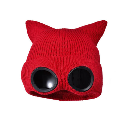 Gestrickte Katzenohrenmütze mit Schutzbrille - Rot - Einheitsgröße - image 14
