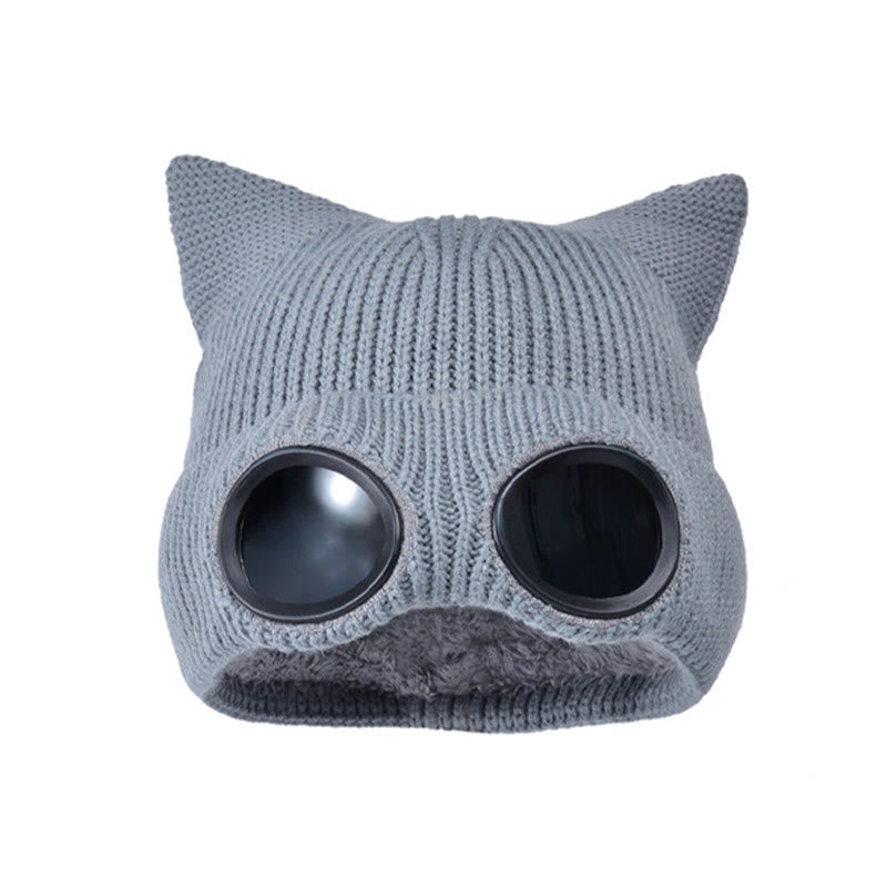 Gestrickte Katzenohrenmütze mit Schutzbrille - Grau - Einheitsgröße - image 16