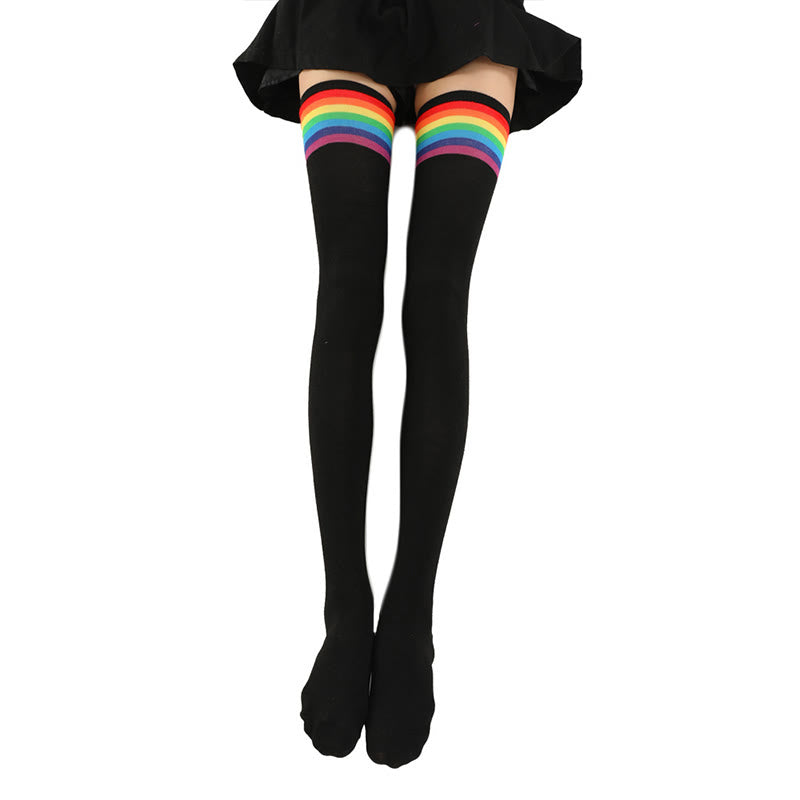 Overknee-Socken mit Regenbogenstreifen (2 Paar) - Schwarz - Einheitsgröße - image 1