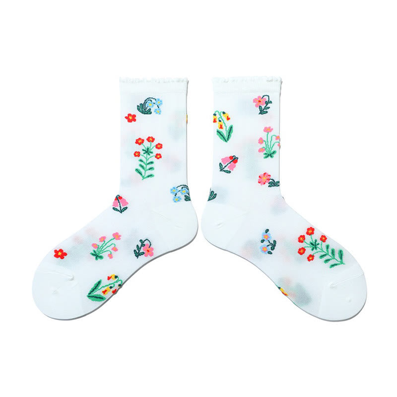 Retro-Socken mit Blumenmuster und Tiermotiven (2 Paar) - Weiß - EU36-40 (US3-7) - image 3