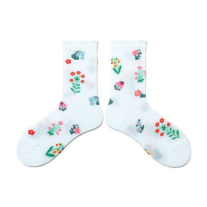 Retro-Socken mit Blumenmuster und Tiermotiven (2 Paar) - Weiß - EU36-40 (US3-7) - image 3