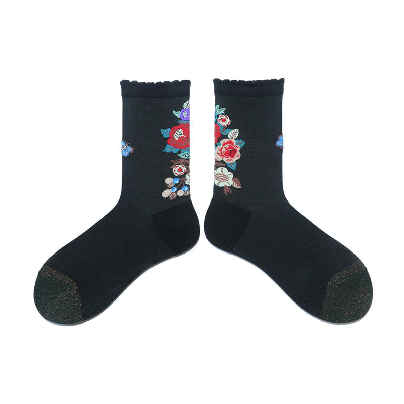 Retro-Socken mit Blumenmuster und Tiermotiven (2 Paar) - Schwarz - EU36-40 (US3-7) - image 5