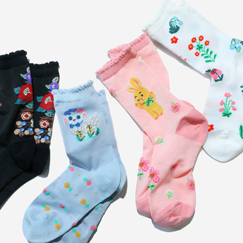 Retro-Socken mit Blumenmuster und Tiermotiven (2 Paar) - image 2