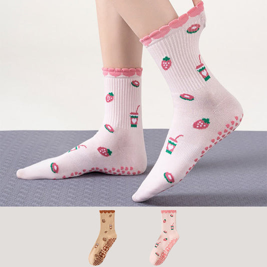 Socken mit Erdbeer-Kaffeebecher-Motiv und rutschfester Oberfläche (2 Paar) - image 0
