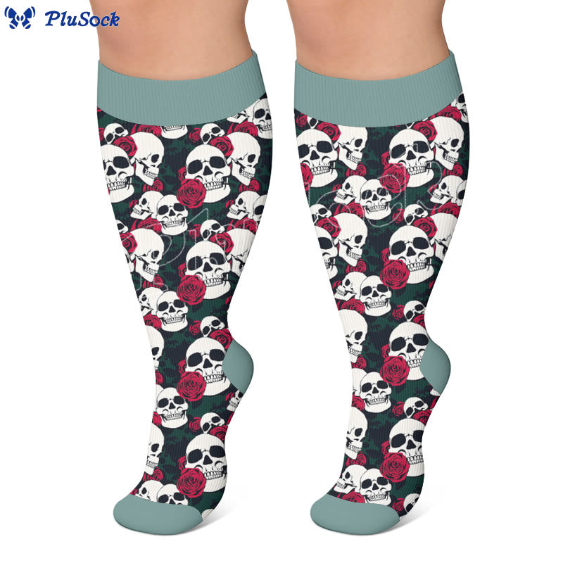 Kompressionsstrümpfe mit Totenkopf- und Blumenmuster - image 2