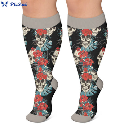 Kompressionsstrümpfe mit Totenkopf- und Blumenmuster - image 4