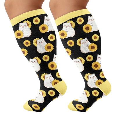 Kompressionsstrümpfe in Übergröße mit Katzen-, Hasen- und Blumenmuster - Gelb (1 Paar) - 4XL - image 6