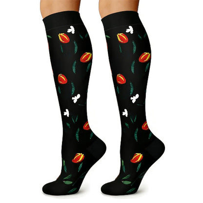 Kniehohe Kompressionsstrümpfe mit Blumenmuster in Schwarz und Weiß (6 Paar) - image 2