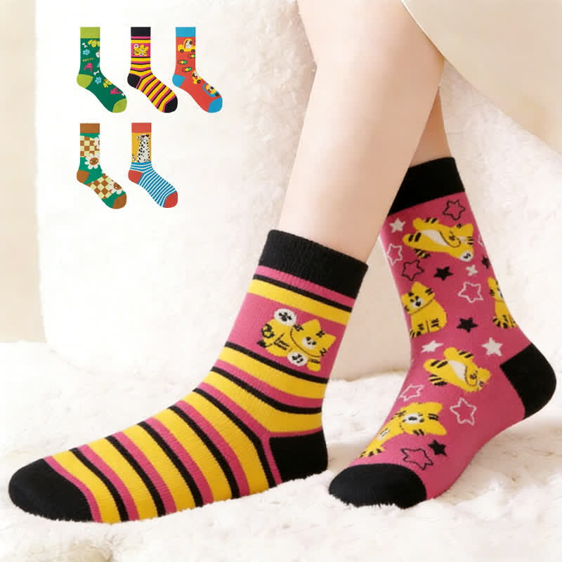 Bunte, gestreifte Viertelsocken mit Cartoon-Motiven (5 Paar) - Mehrfarbig - EU38-43 (US5-9) - image 0