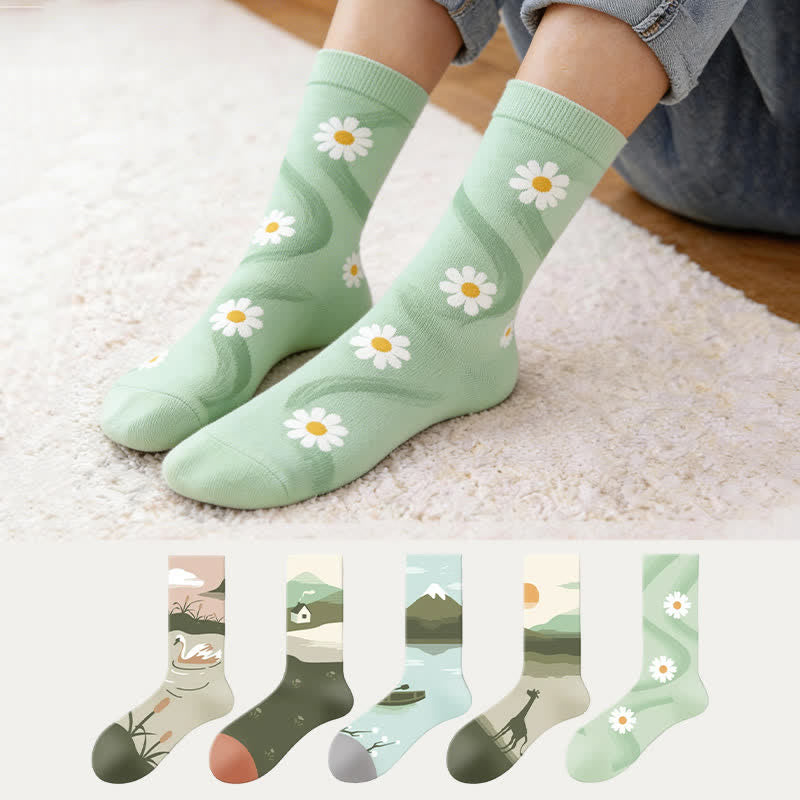 Viertelsocken mit Blumenfeldmotiv (5 Paar) - Mehrfarbig - EU35-43 (US2-9) - image 0