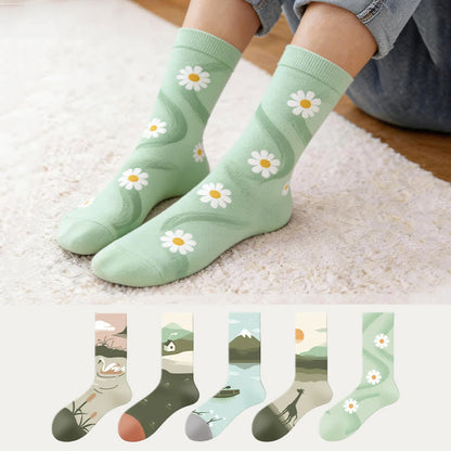 Viertelsocken mit Blumenfeldmotiv (5 Paar) - Mehrfarbig - EU35-43 (US2-9) - image 0