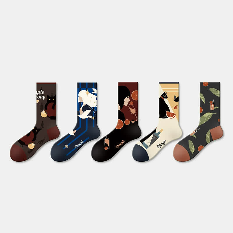 Viertelsocken mit Vogel- und Katzenmuster (5 Paar) - image 1