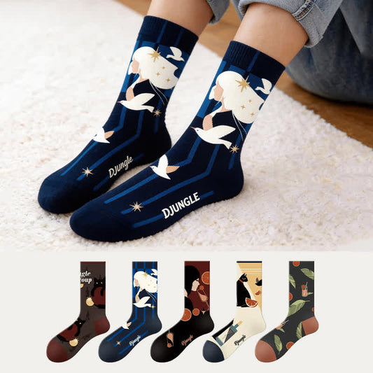 Viertelsocken mit Vogel- und Katzenmuster (5 Paar) - Mehrfarbig - EU35-43 (US2-9) - image 0