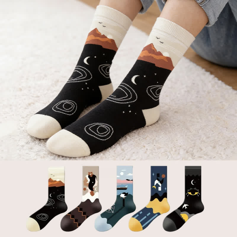 Socken mit Sonnen- und Mondmuster (5 Paar) - Mehrfarbig - EU35-43 (US2-9) - image 0