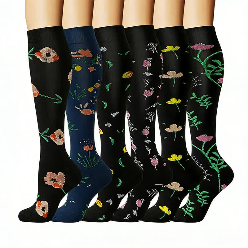 Bestickte Kompressionsstrümpfe mit Blumenmuster (6 Paar) - Mehrfarbig - L/XL - image 0