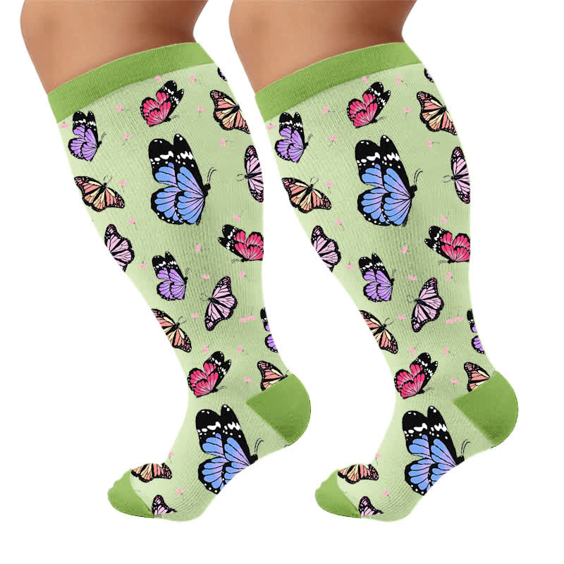 Plus Size Mehrfarbige Schmetterlings-Kompressionsstrümpfe - Grün (1 Paar) - 4XL - image 6