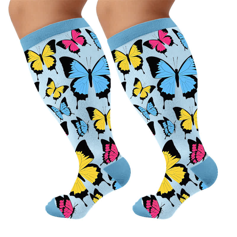Plus Size Mehrfarbige Schmetterlings-Kompressionsstrümpfe - Blau (1 Paar) - 4XL - image 5