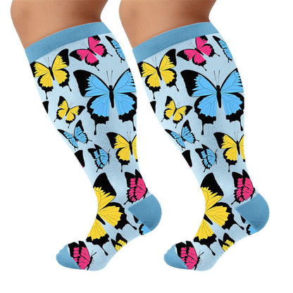 Plus Size Mehrfarbige Schmetterlings-Kompressionsstrümpfe - Blau (1 Paar) - 4XL - image 5