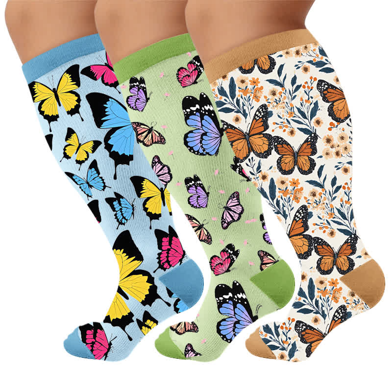 Plus Size Mehrfarbige Schmetterlings-Kompressionsstrümpfe - Mehrfarbig (3 Paare) - 4XL - image 1