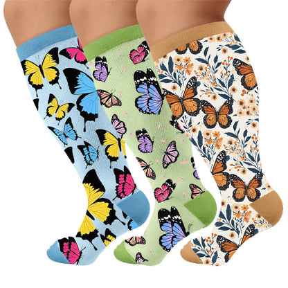 Plus Size Mehrfarbige Schmetterlings-Kompressionsstrümpfe - Mehrfarbig (3 Paare) - 4XL - image 1