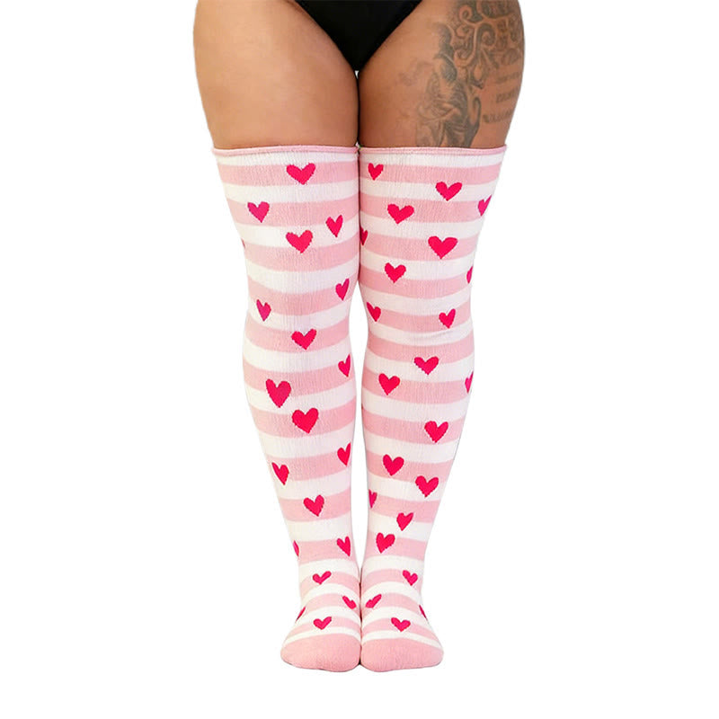 Oberschenkelhohe Socken mit Polka-Dots und Herzstreifen. - Rosa - Einheitsgröße - image 4