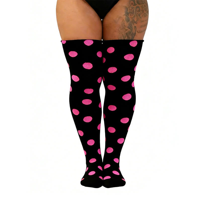 Oberschenkelhohe Socken mit Polka-Dots und Herzstreifen. - Rose - Einheitsgröße - image 8
