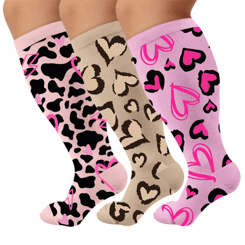 Plus Size Rosa Heart Leopard Kompressionsstrümpfe - Mehrfarbig (3 Paare) - 4XL - image 1