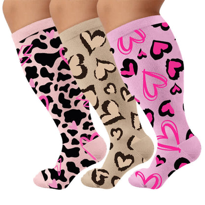 Plus Size Rosa Heart Leopard Kompressionsstrümpfe - Mehrfarbig (3 Paare) - 4XL - image 1