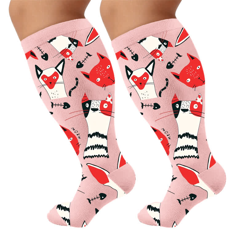 Kompressionsstrümpfe mit verspieltem, abstraktem Katzenmotiv in Übergröße - Rosa(1 Paar) - 4XL - image 7