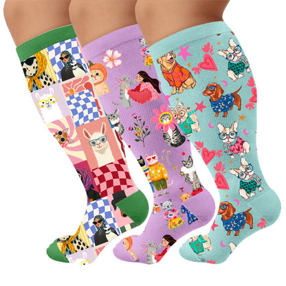 Kompressionsstrümpfe mit Cartoon-Tiermotiven in Übergröße - Mehrfarbig (3 Paare) - 4XL - image 1