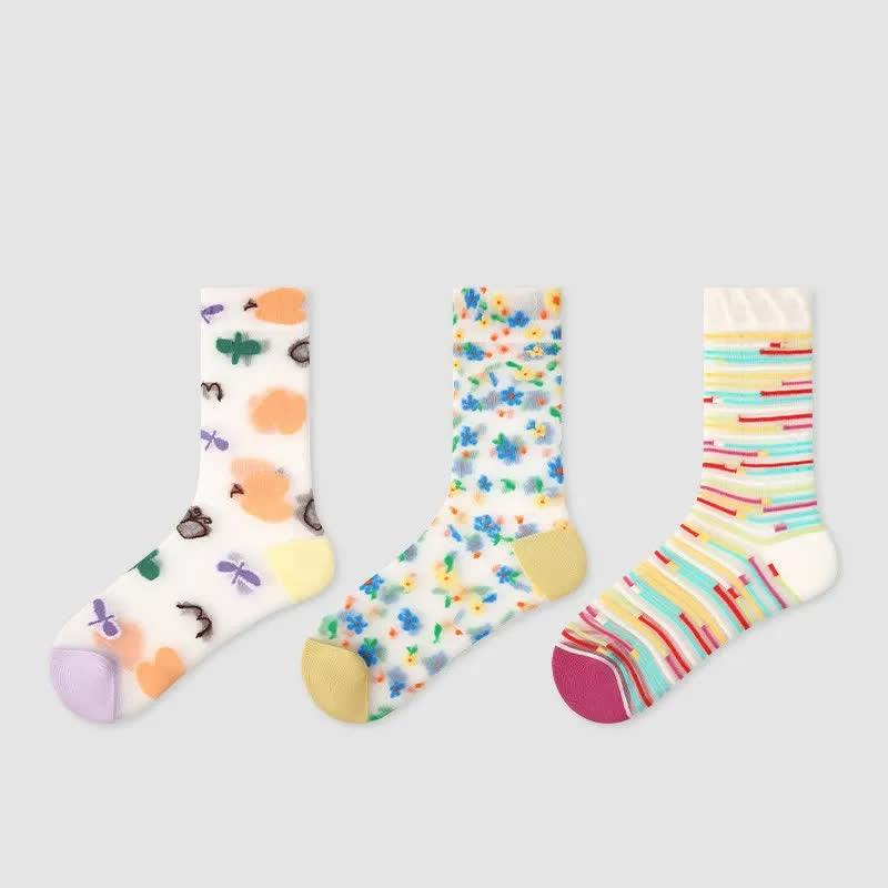 Lässige, transparente Viertelsocken mit verspieltem Muster (3 Paar) - Mehrfarbig - EU35-39 (US2-6) - image 1