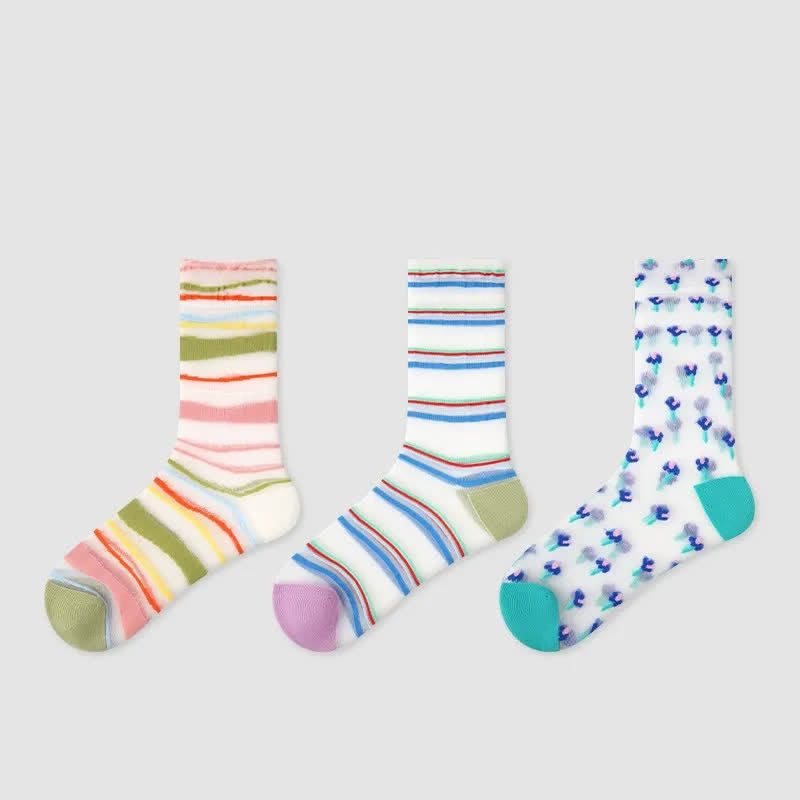 Farbblock-Streifen-Stricksocken (3 Paar) - Mehrfarbig - EU35-39 (US2-6) - image 1