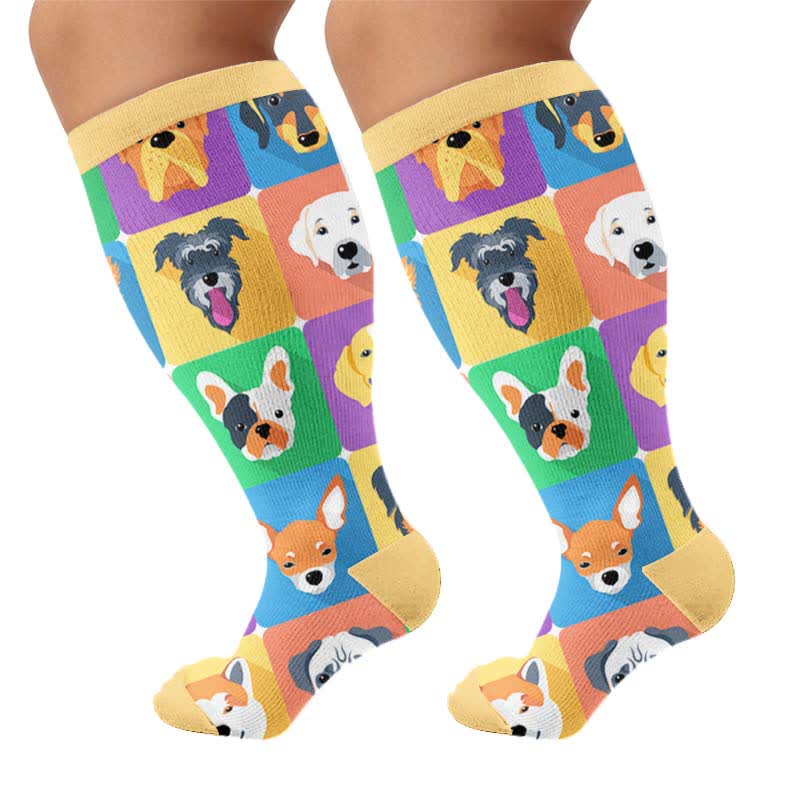 Kompressionsstrümpfe mit niedlichem Hunde-Print in Übergröße - Gelb (1 Paar) - 4XL - image 6