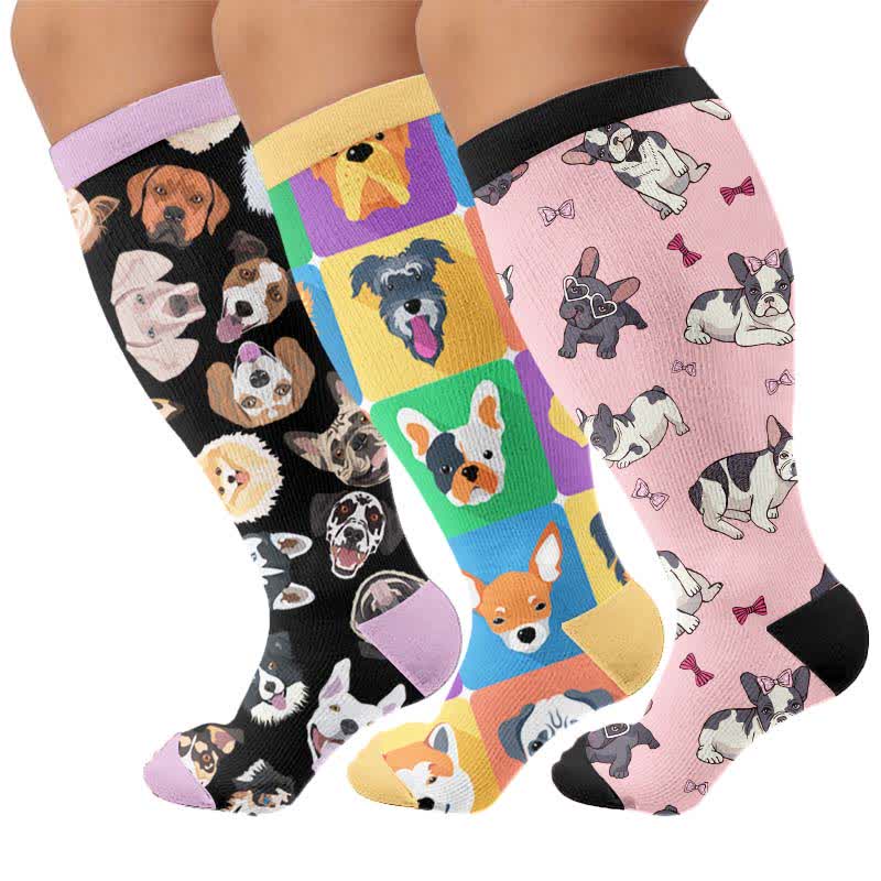 Kompressionsstrümpfe mit niedlichem Hunde-Print in Übergröße - Mehrfarbig (3 Paare) - 4XL - image 1
