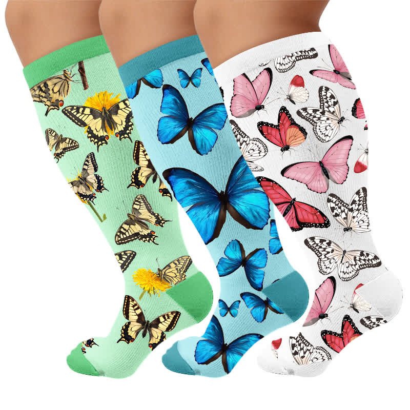 Plus Size Spring Butterfly Kompressionsstrümpfe - Mehrfarbig (3 Paare) - 4XL - image 1